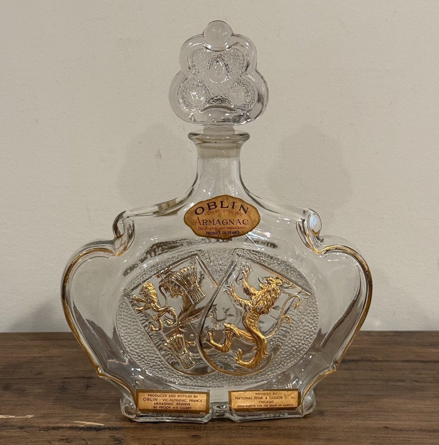 Vintage Oblin Armagnac France Glass Decanter Bottle Gilt Coat Of Arms Lions