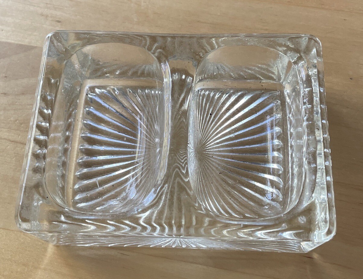 Vintage Heavy Clear Crystal Double Open Salt Cellar Dish Rectangular