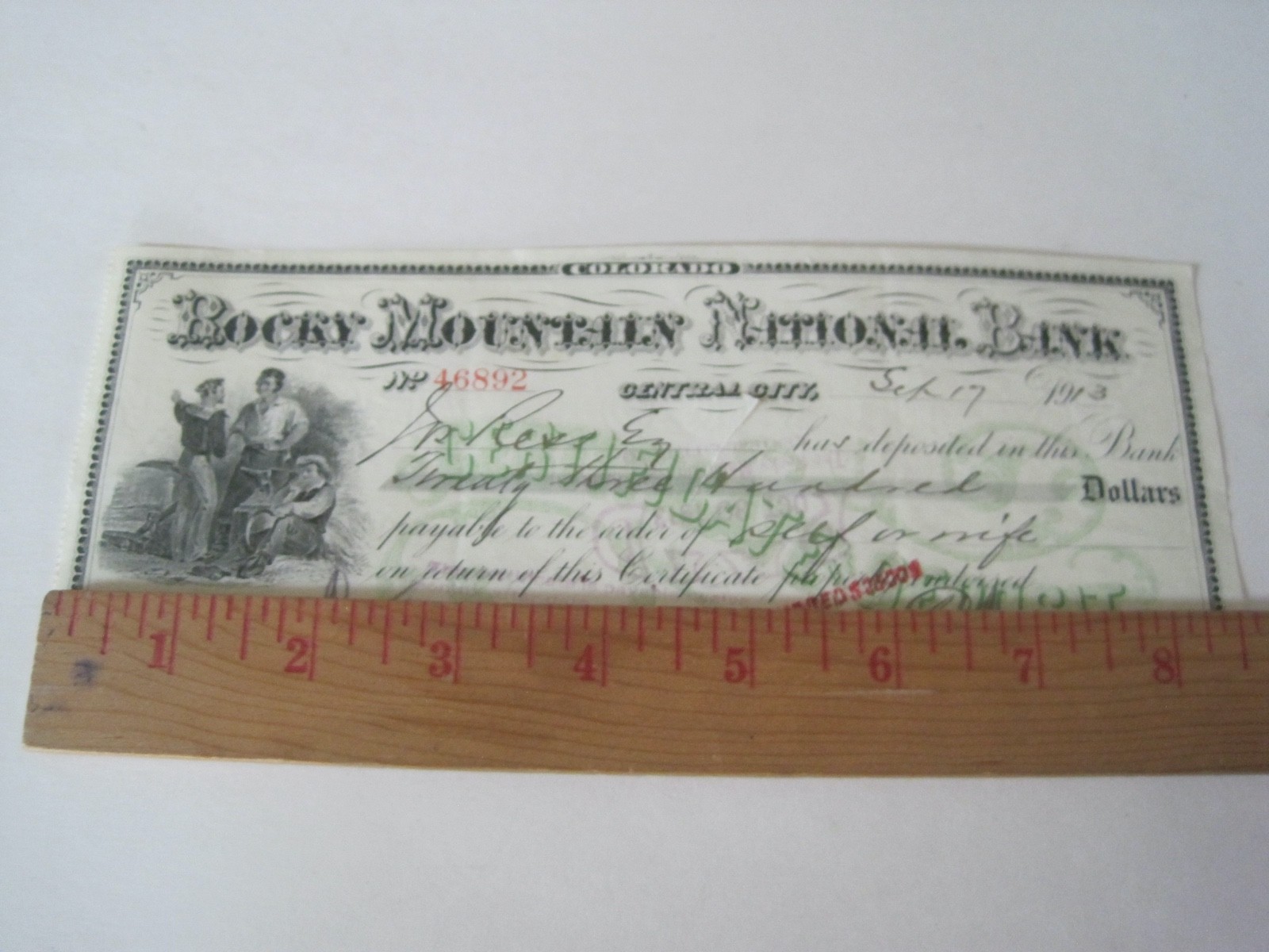 Rocky Mountain National Bank Check Central City Colorado 1918