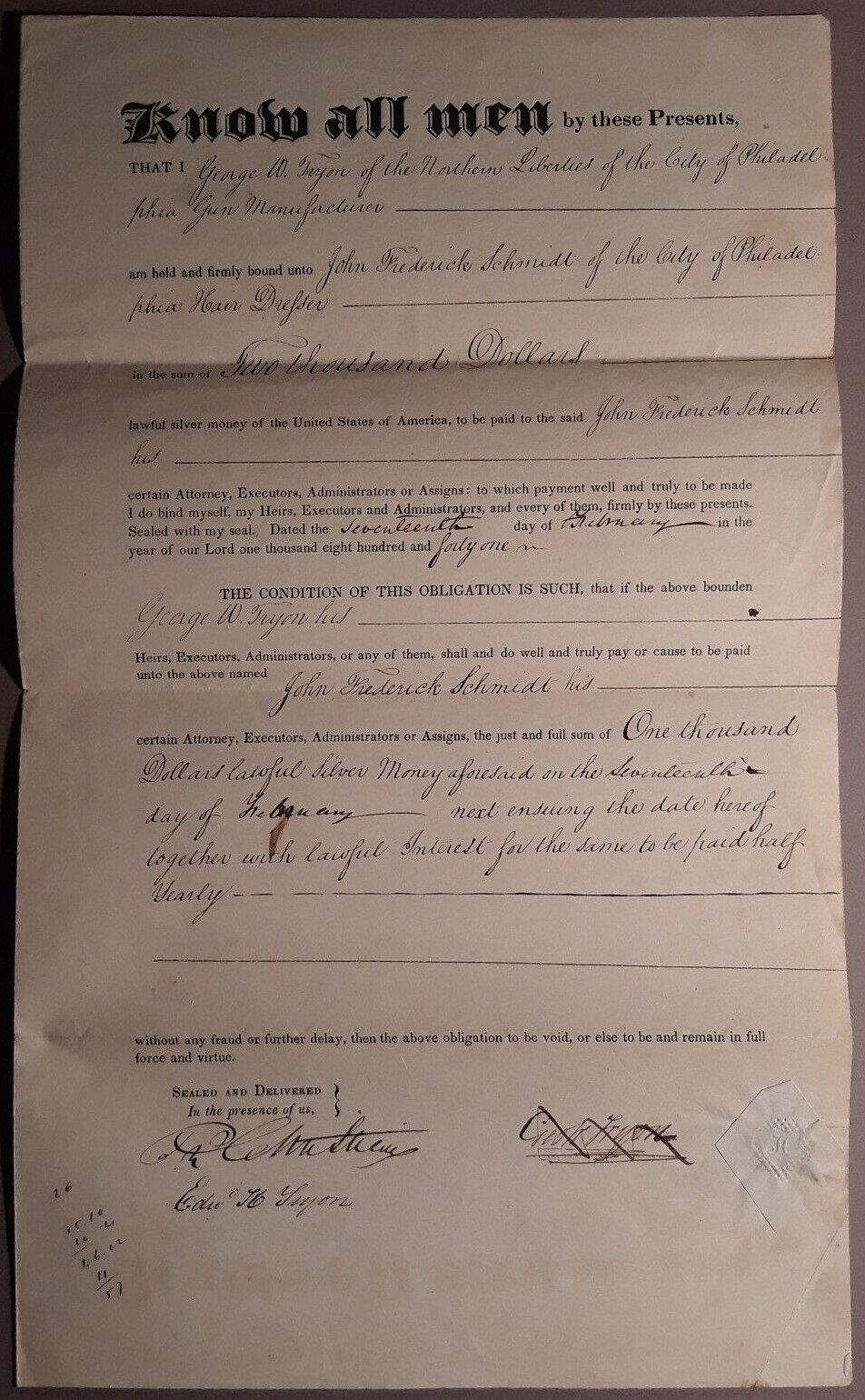 1841 Philadelphia Gunmakers George W Tryon & Edward K Tryon Signed Document B3-9 1841 Philadelphia Gunmakers George W Tryon & Edward K Tryon Signed Document B3-9