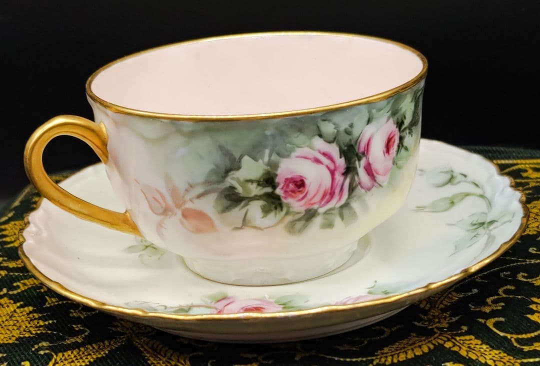 Haviland Limoges Pink Rose Garden Cabinet Tea Cup Saucer c1910 Pre-Owned