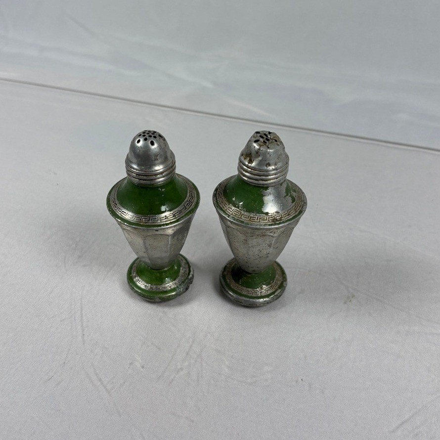 Vintage Green Enamel Silver Tone Metal Salt and Pepper Shakers Greek Key Urn Set