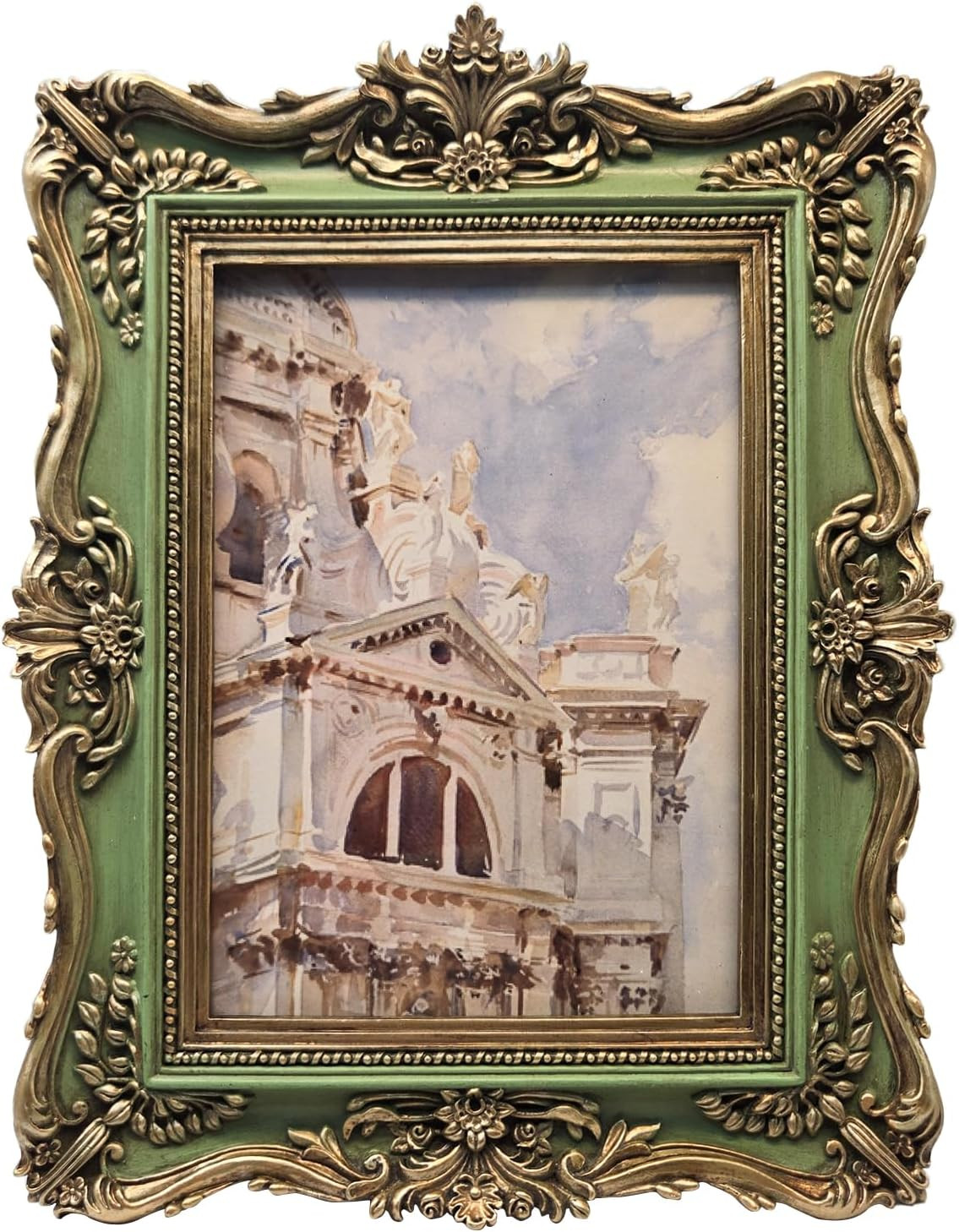 5X7 Vintage Picture Frame, Antique Green and Gold Ornate Photo Frame for Wall Ha