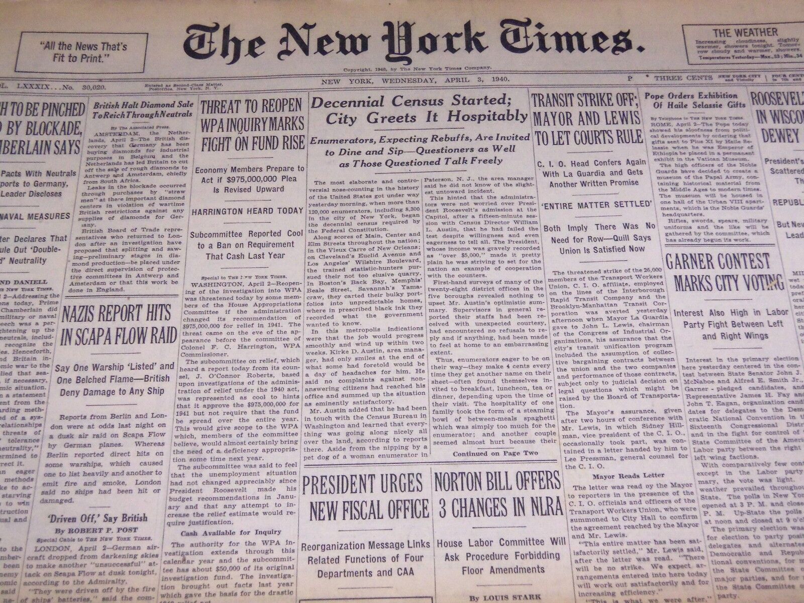1940 APRIL 3 NEW YORK TIMES - DECENNIAL CENSUS STARTED - NT 2870