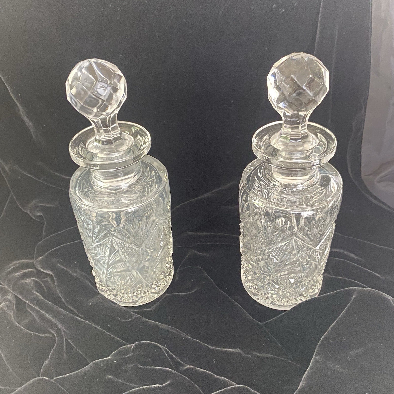 Pair 40\'s CLEAR Victorian Revival Press Glass Deco Perfume Bottles & Stoppers 7\