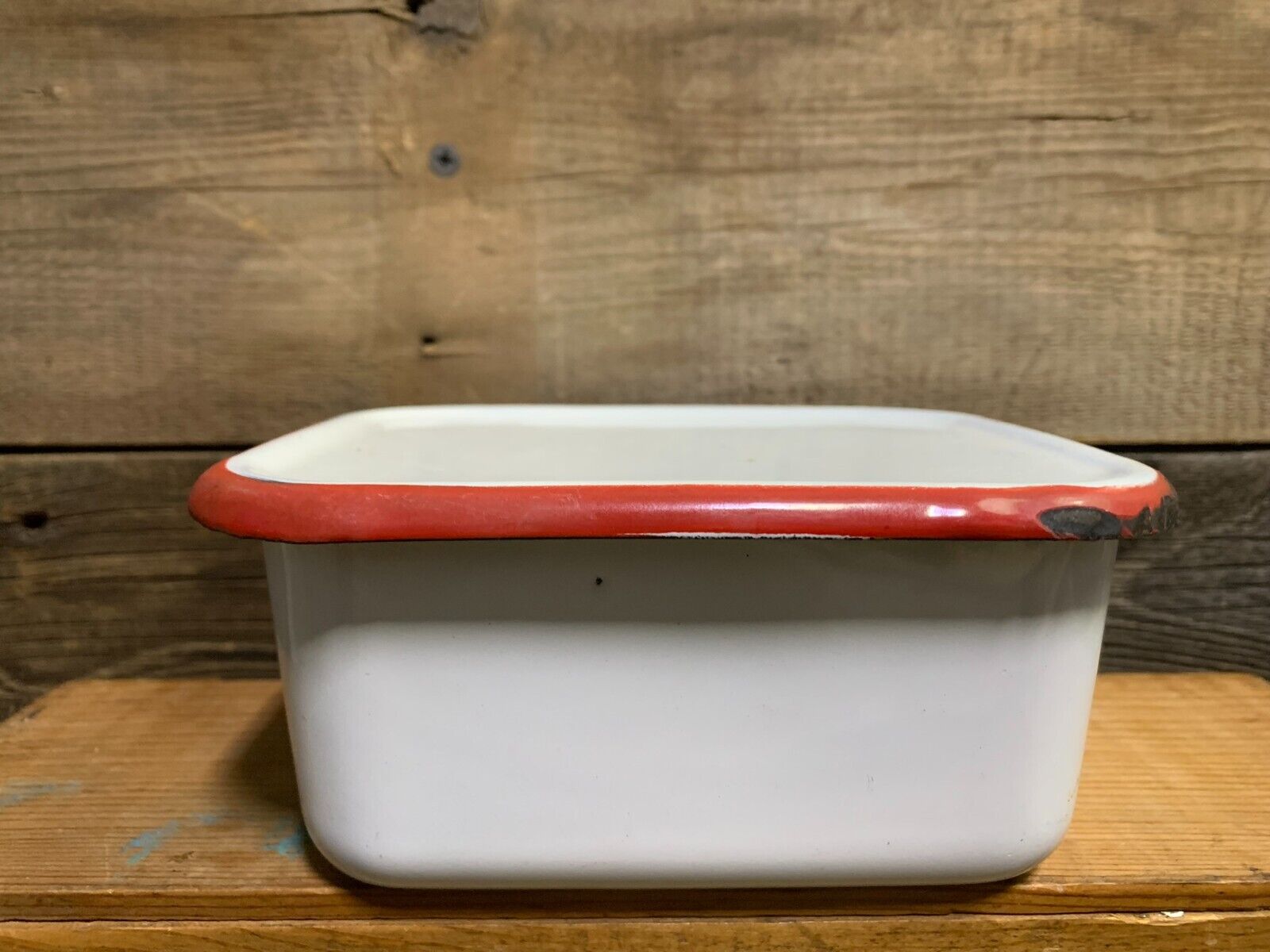 Vintage Enamelware, Refrigerator Container, White with Red Trim