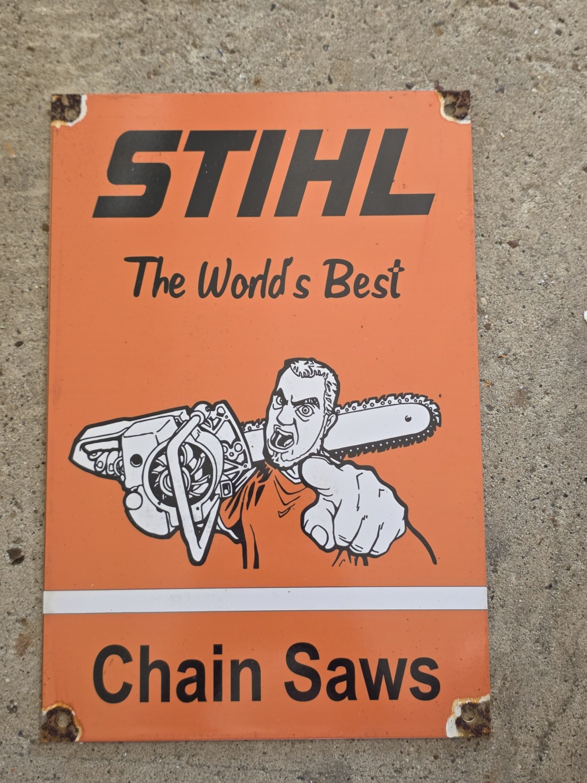 VINTAGE STIHL THE WORLD\'S BEST CHAINSAW PORCELAIN SIGN 12\