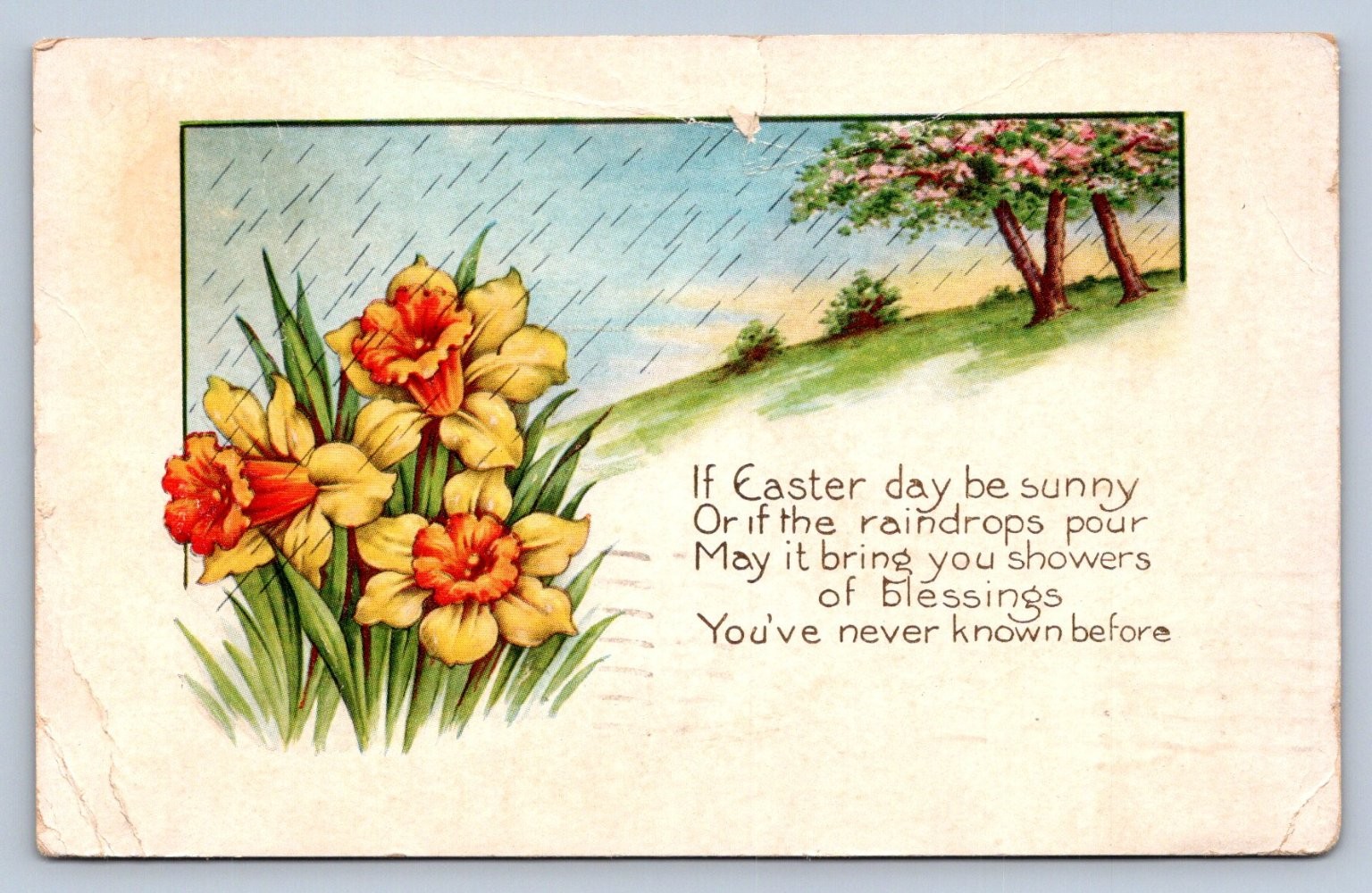 Antique 1925 Easter Postcard Daffodils Rain Showers Spring Blessings