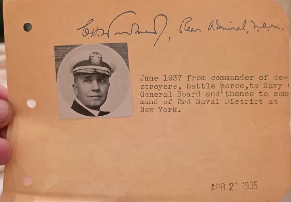 AUTOGRAPH -- Admiral Clark Howell Woodward  - USN in 5 Wars.