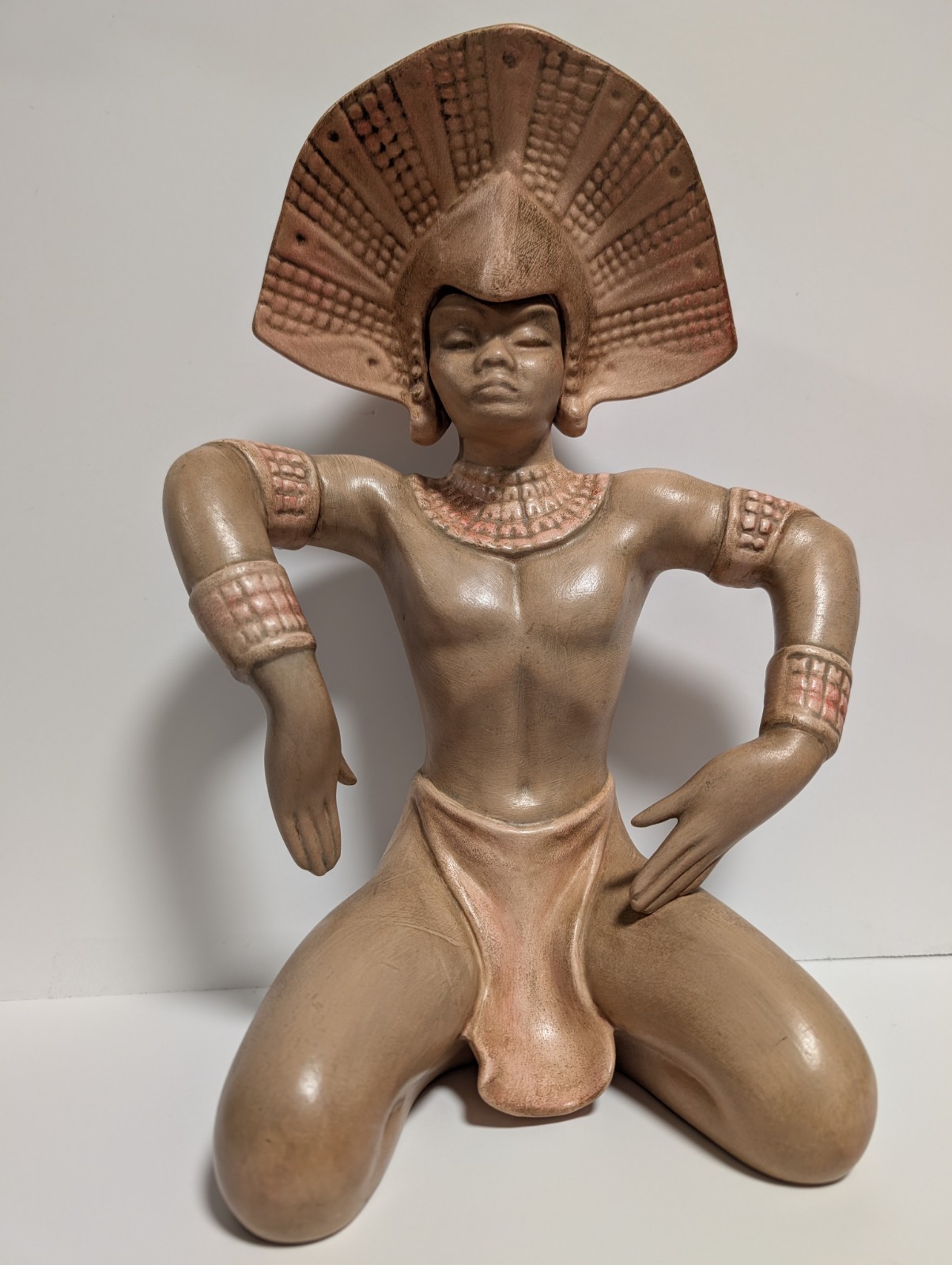 Vintage Mid Century Ceramic Aztec Mayan Warrior Statue signed RaAnn 12.5\