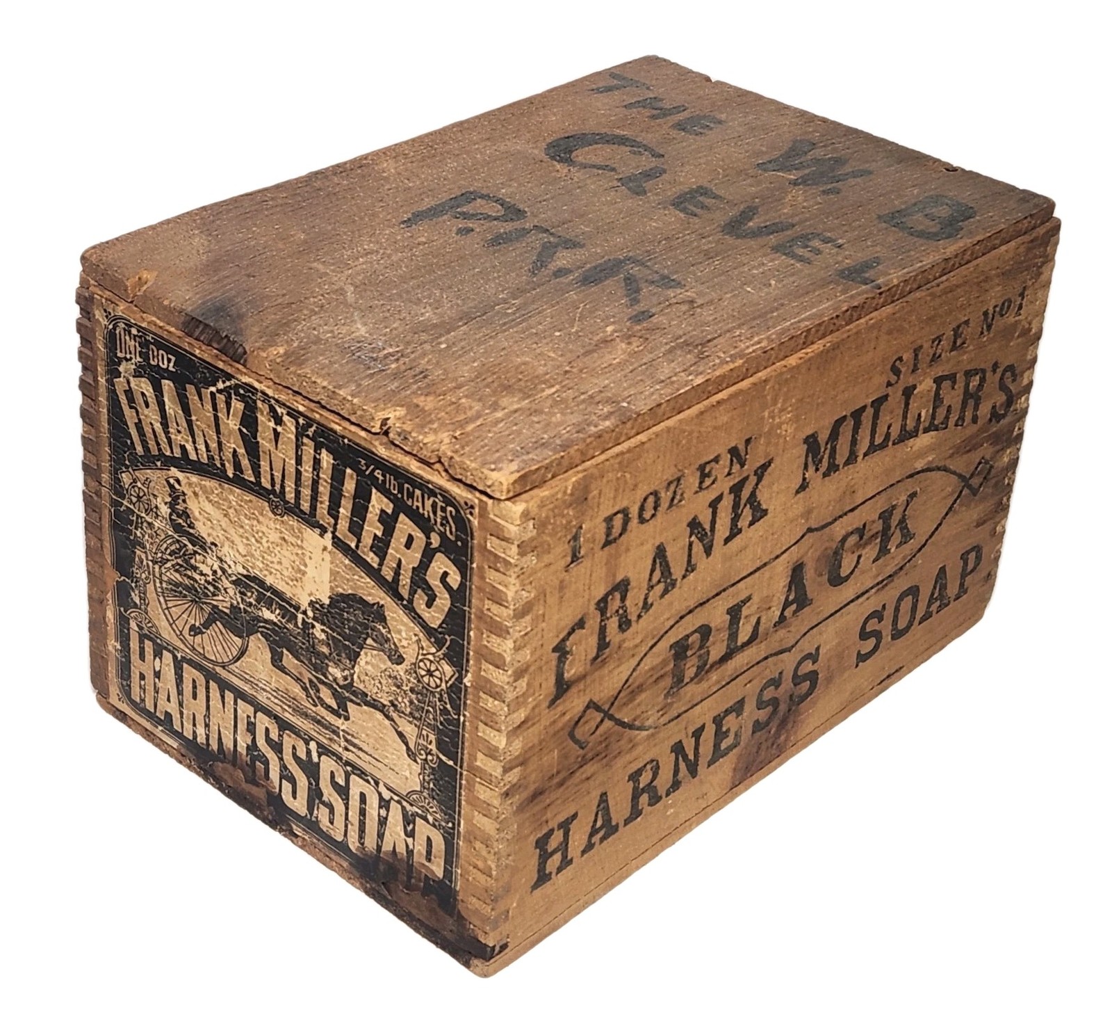 Antique 1890s Frank Miller Black Harness Soap Wooden Crate w Contents & Ephemera