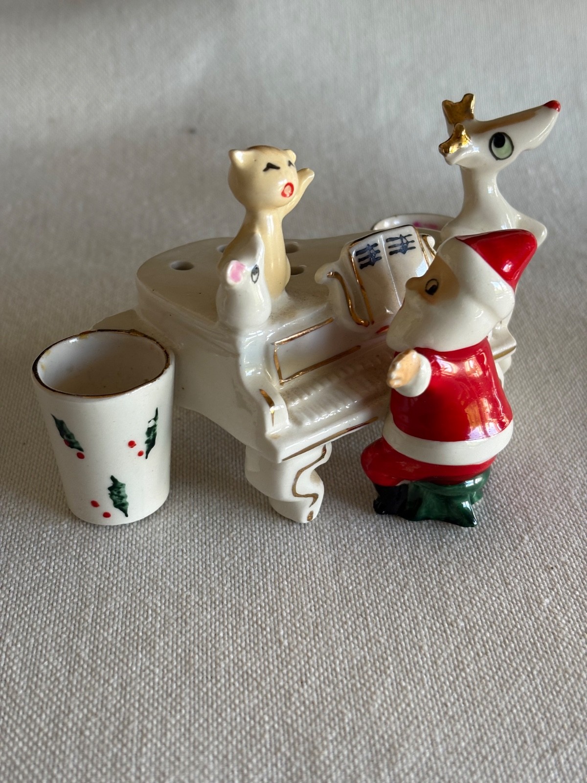 Vintage Holt Howard Piano Playing Santa Flower Frog & Candleholder