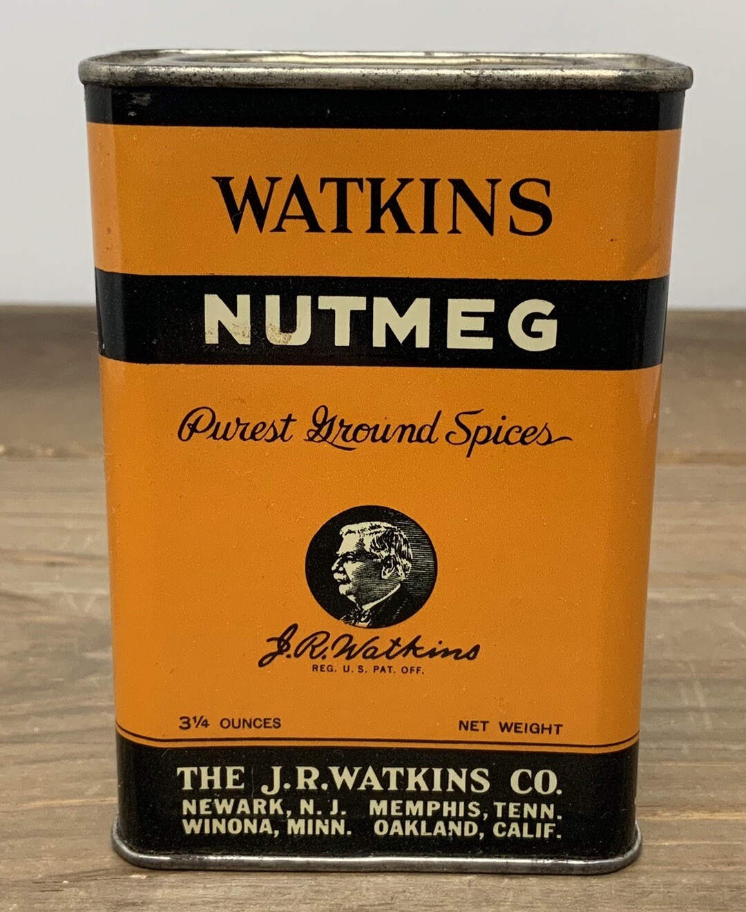 Vtg JR Watkins Nutmeg Spice Tin Container The Best In Spices Orange 3.25oz USA
