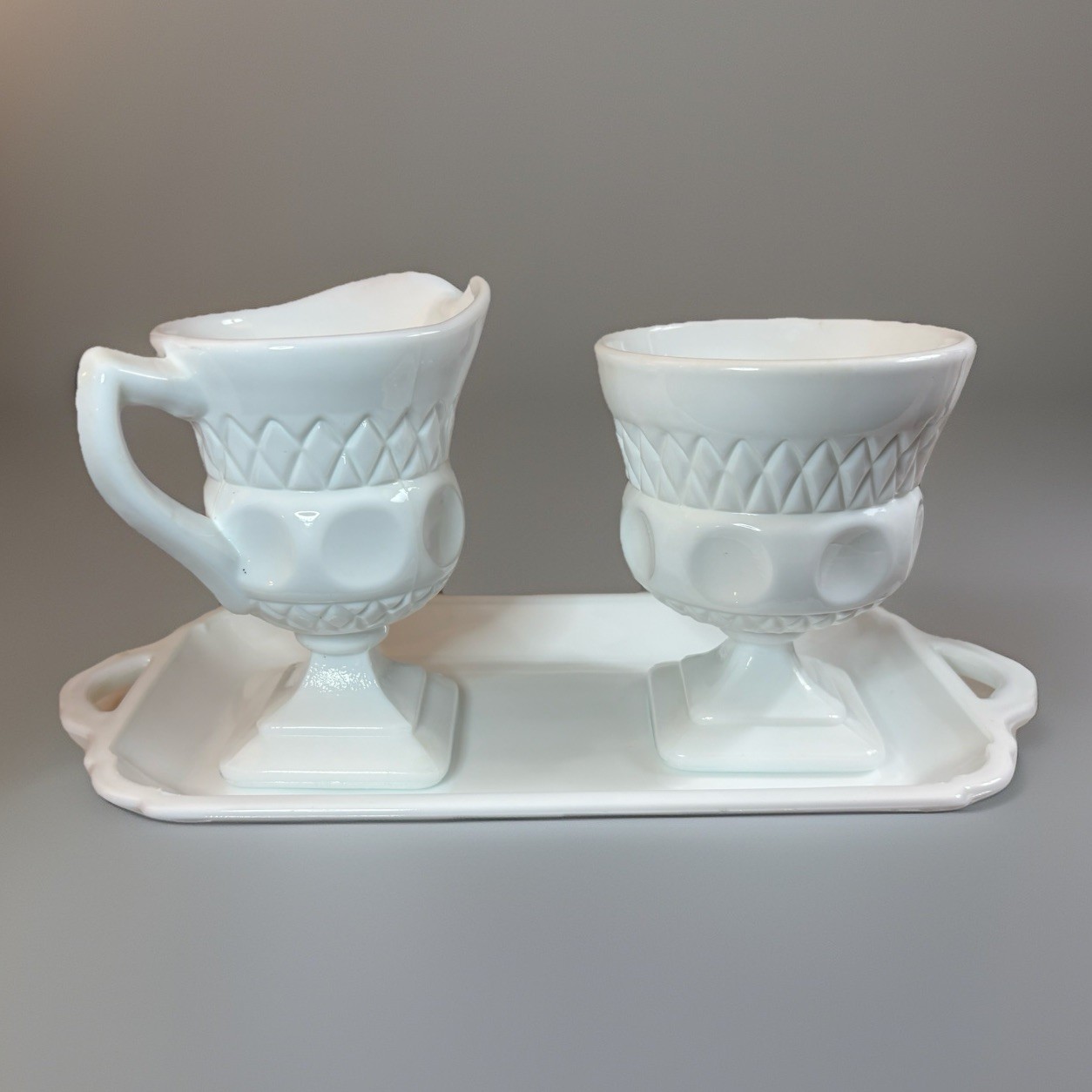 Vintage Milk Glass Creamer & Sugar Bowl with Tray – Diamond & Thumbprint Design