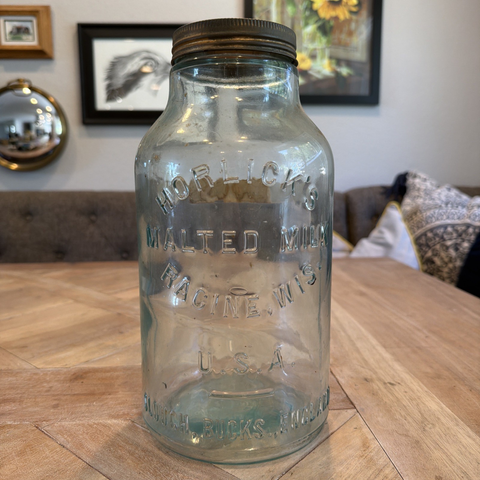 Vintage Horlick’s Malted Milk Jar with Lid In Aqua Blue 4 Quart
