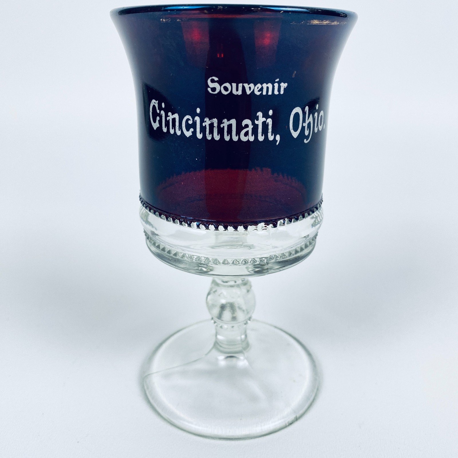 Vintage Ruby-Stained Souvenir Pressed Glass Cincinnati Ohio Mini Stemmed Goblet Vintage Ruby-Stained Souvenir Pressed Glass Cincinnati Ohio Mini Stemmed Goblet
