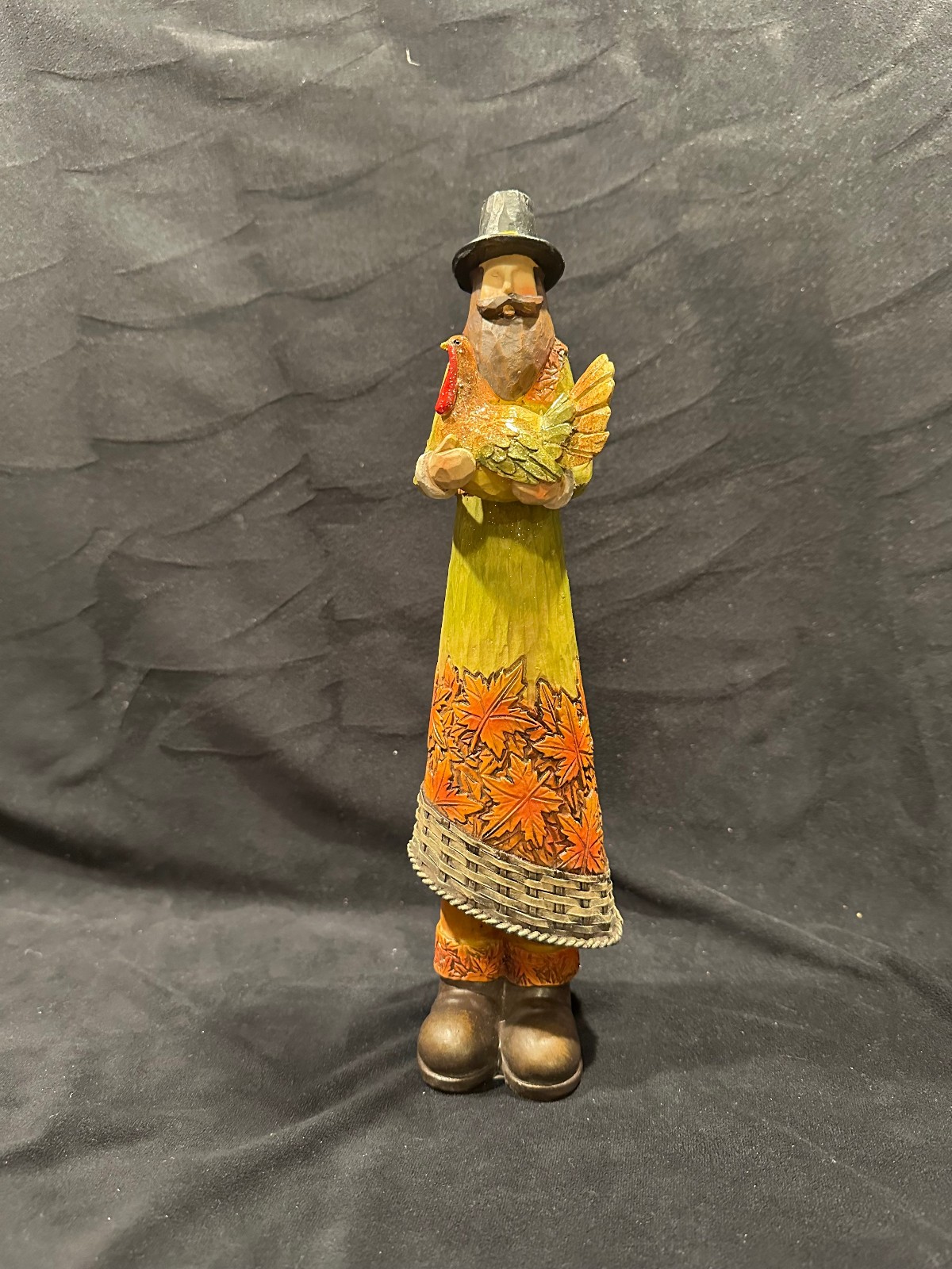 Thanksgiving Figurine Pilgrim Man Holding Turkey, Faux Wood Resin, 11-3/4 in