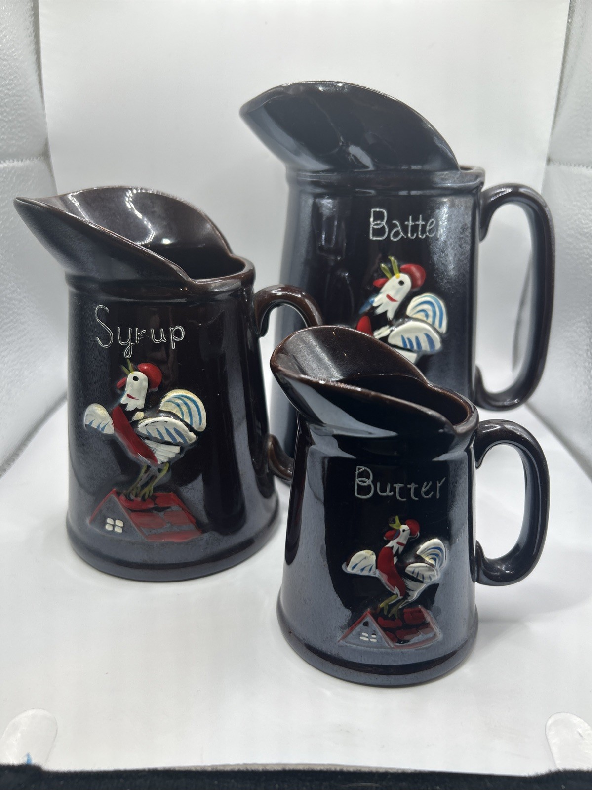 Kitchen Pitcher Set BATTER, SYRUP & BUTTER Vintage Brown Glaze Roosters 1950\'s