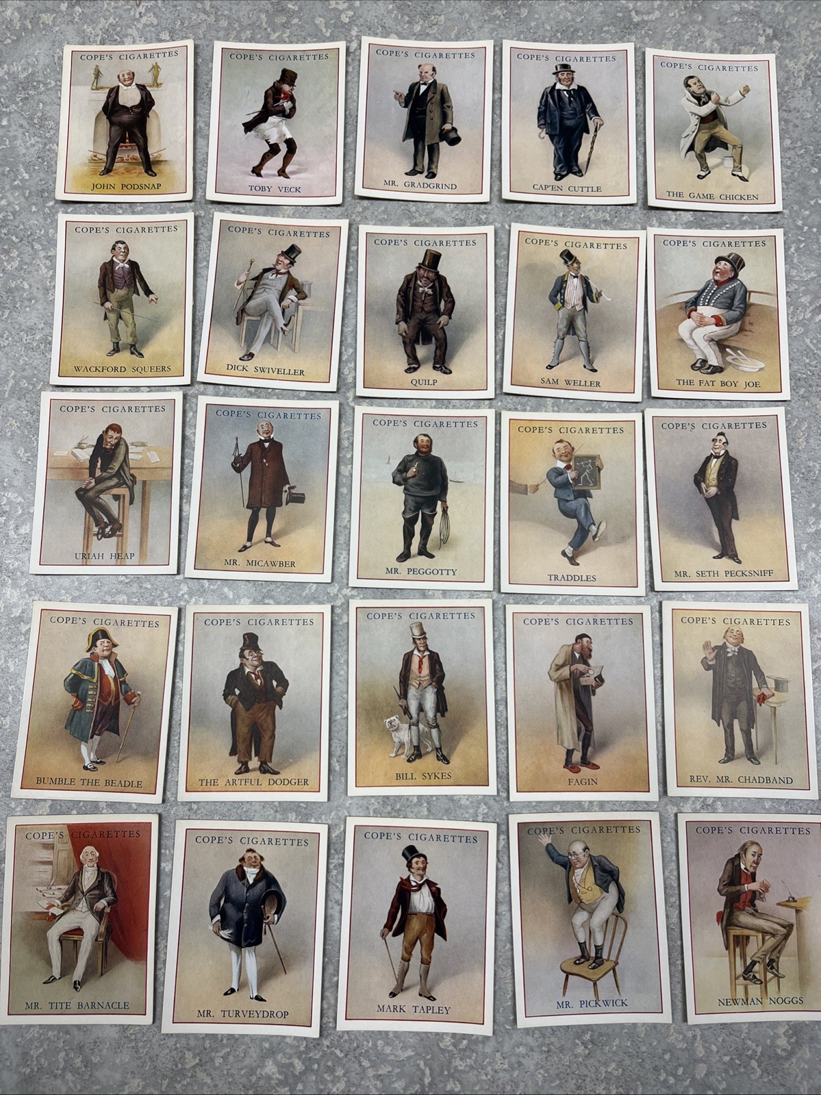 1939 - DICKENS CHARACTERS - ORIGINAL COPES CIGARETTE TOBACCO CARDS LOT OF 25.