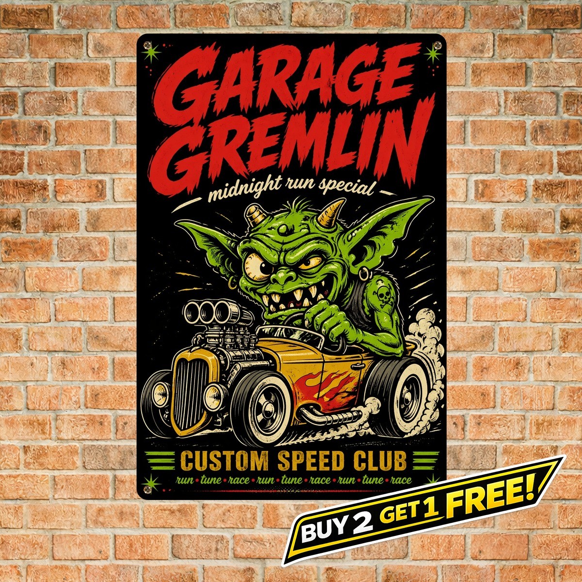 Green Cartoon Garage Monster Rod Art Metal Tin Sign 8x12