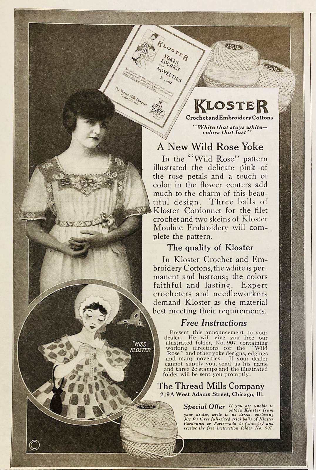 1917 AD.(N13)~THREAD MILLS CO. WEST ADAMS ST. CHICAGO. KLOSTER CROCHET COTTONS