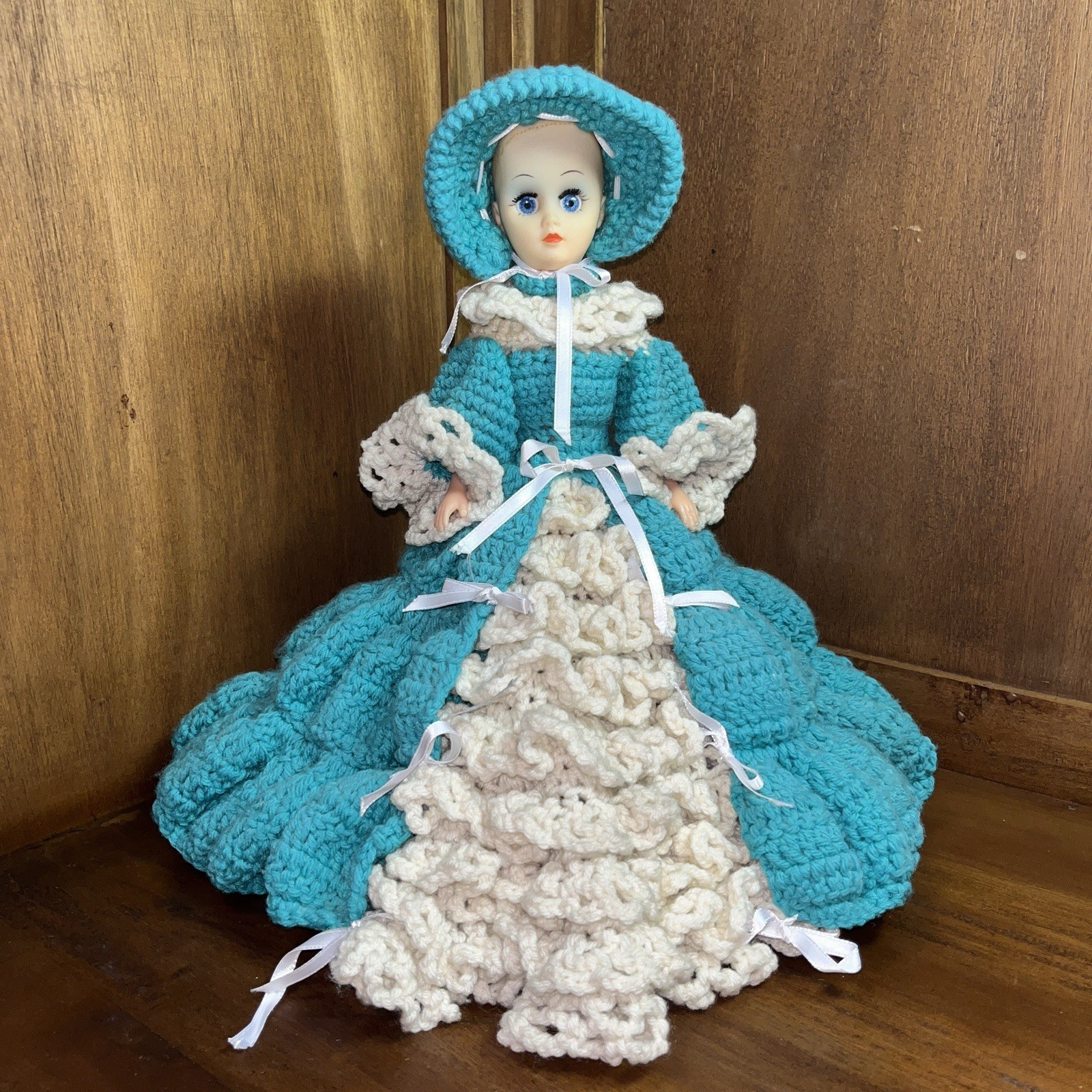 Vintage Bed Doll One Of A Kind Crochet Teal And Off White Layered Flare Dress