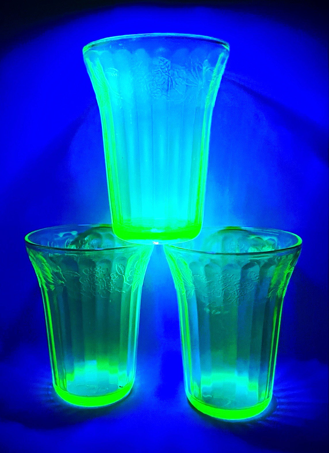 3pc Set Antique JEANETTE Green Depression Uranium Glass CHERRY BLOSSOM Tumblers