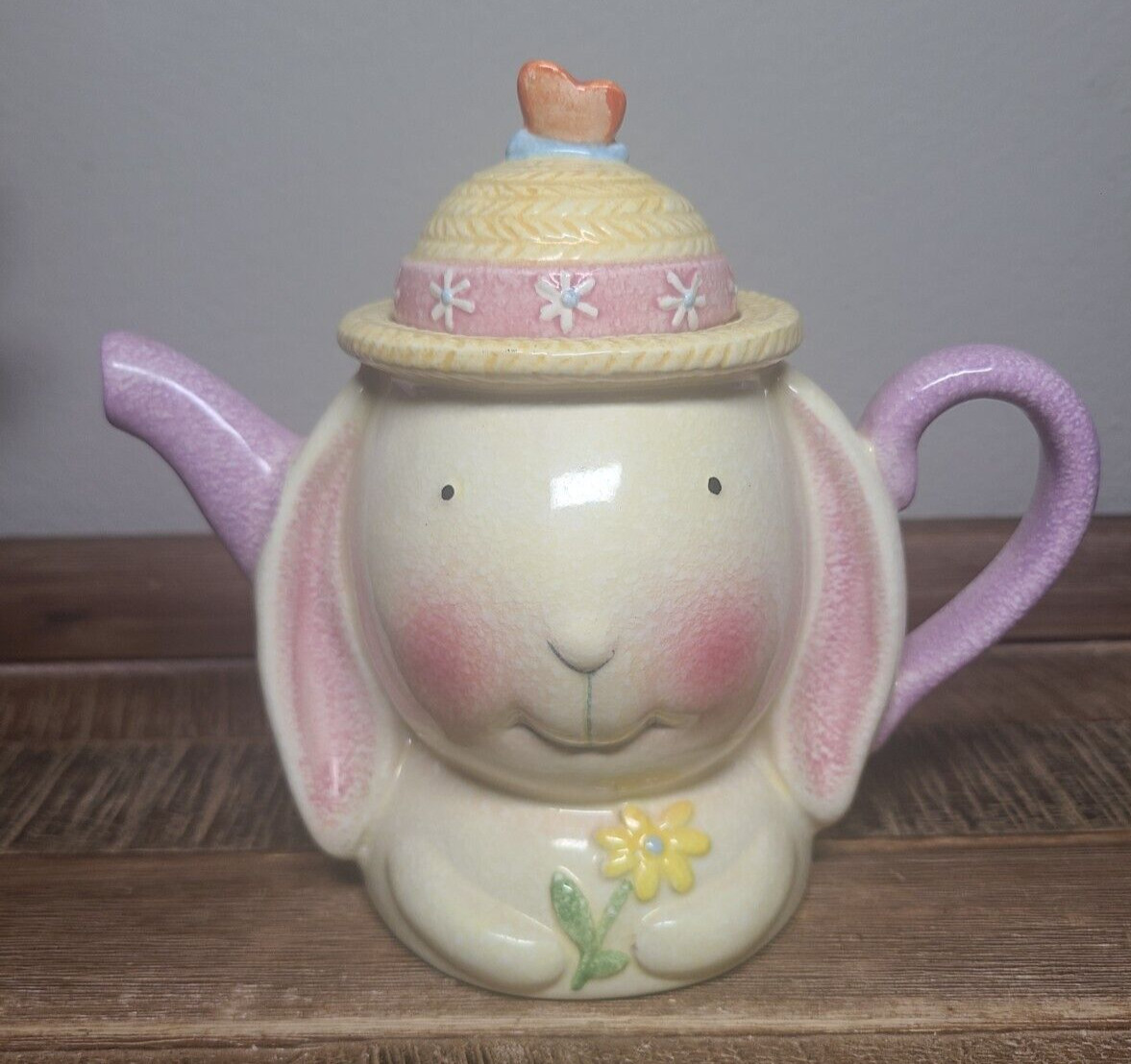 David Walker Porcelain Teapot Bunny Rabbit Straw Hat Flower 1999 Enesco