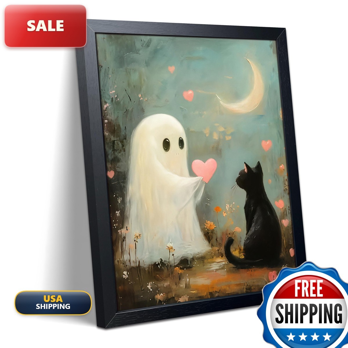 Yaneiro Framed Cute Ghost and Black Cat Halloween Wall Art 8x10 Inch Yaneiro Framed Cute Ghost and Black Cat Halloween Wall Art 8x10 Inch