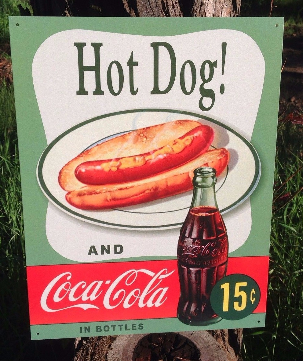 Vintage Coca Cola Sign Tin Metal Soda Pop Bottle Advertising Hot Dog 15 Cents