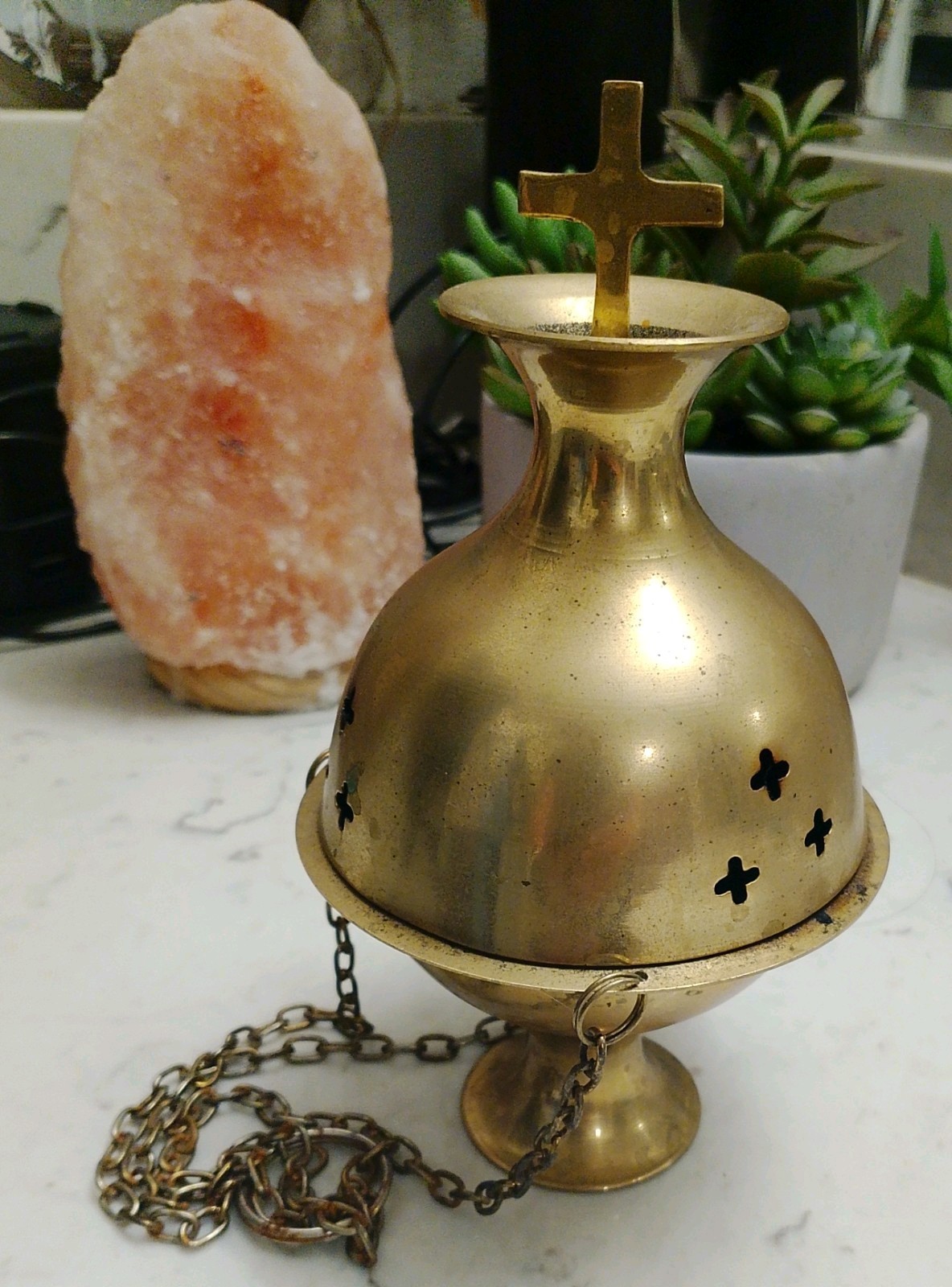 Vintage Solid Brass Hanging Censer Thurible Incense Burner with Cross Top 7.5\'x4