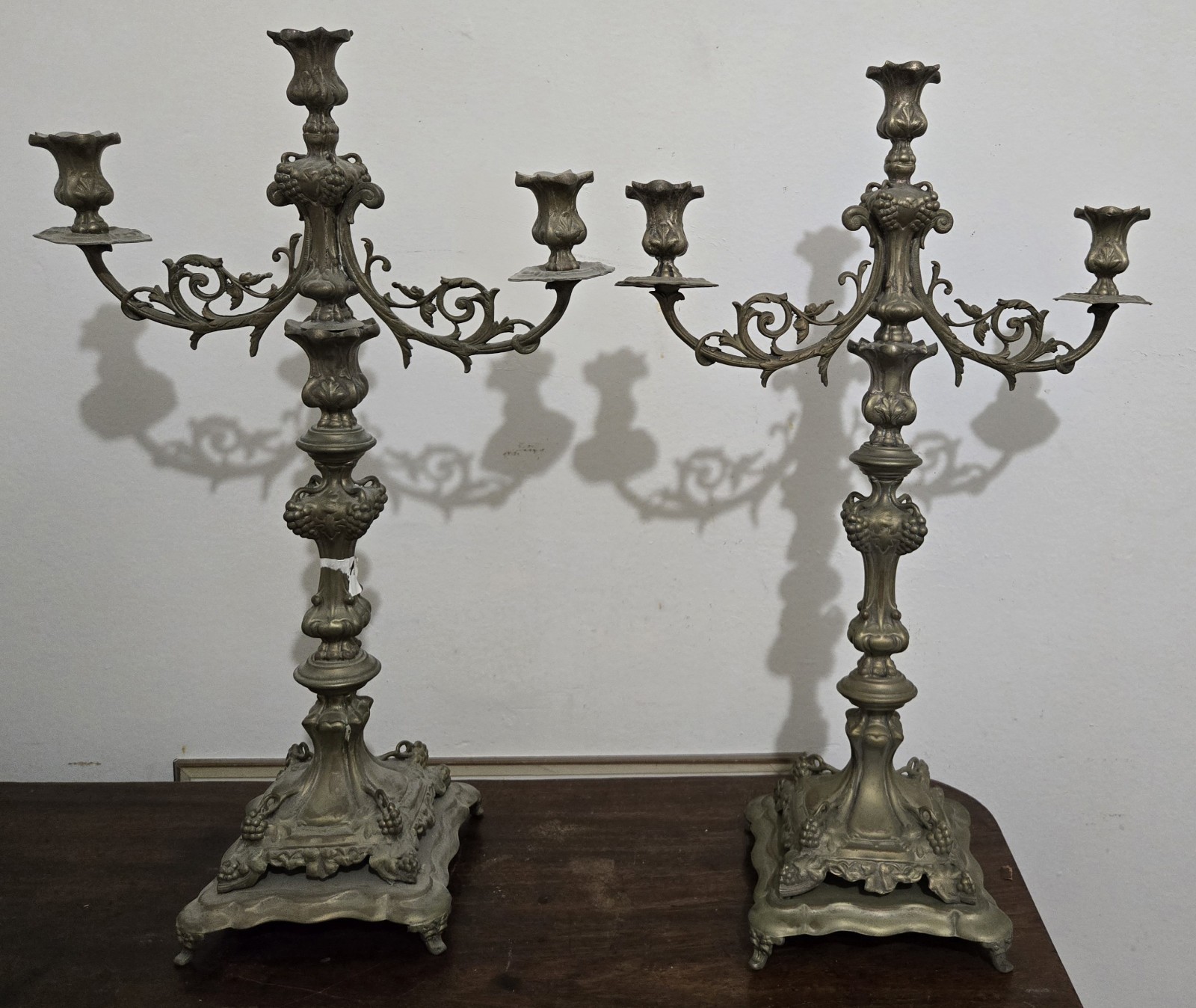 Antique Brass Gothic Rococo Candelabras 3-Light Removable Top Grapes Pair 21\ Antique Brass Gothic Rococo Candelabras 3-Light Removable Top Grapes Pair 21\