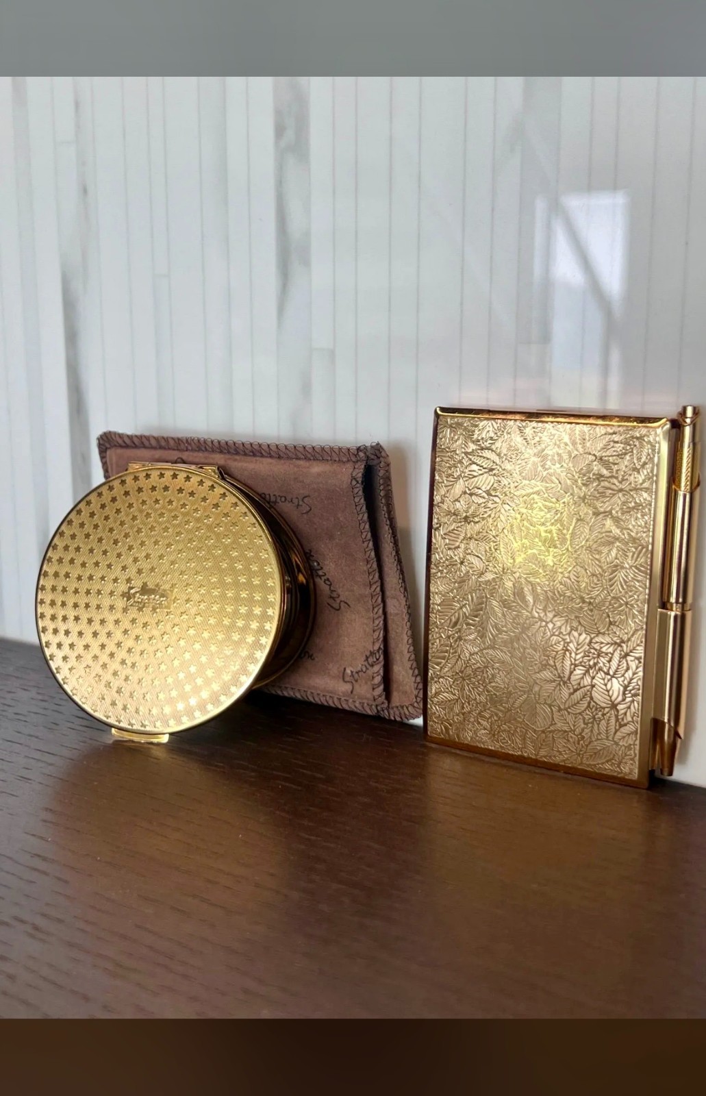 Vintage 1960s Stratton England Polkadot Stars Gold Tone Compact Mirror Notebook