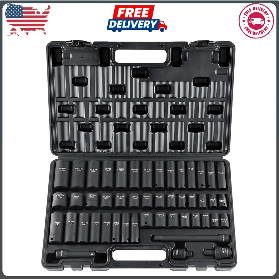 VEVOR 48-Piece 3/8 Drive Impact Socket Set SAE & Metric Deep & Shallow 6 Point VEVOR 48-Piece 3/8 Drive Impact Socket Set SAE & Metric Deep & Shallow 6 Point