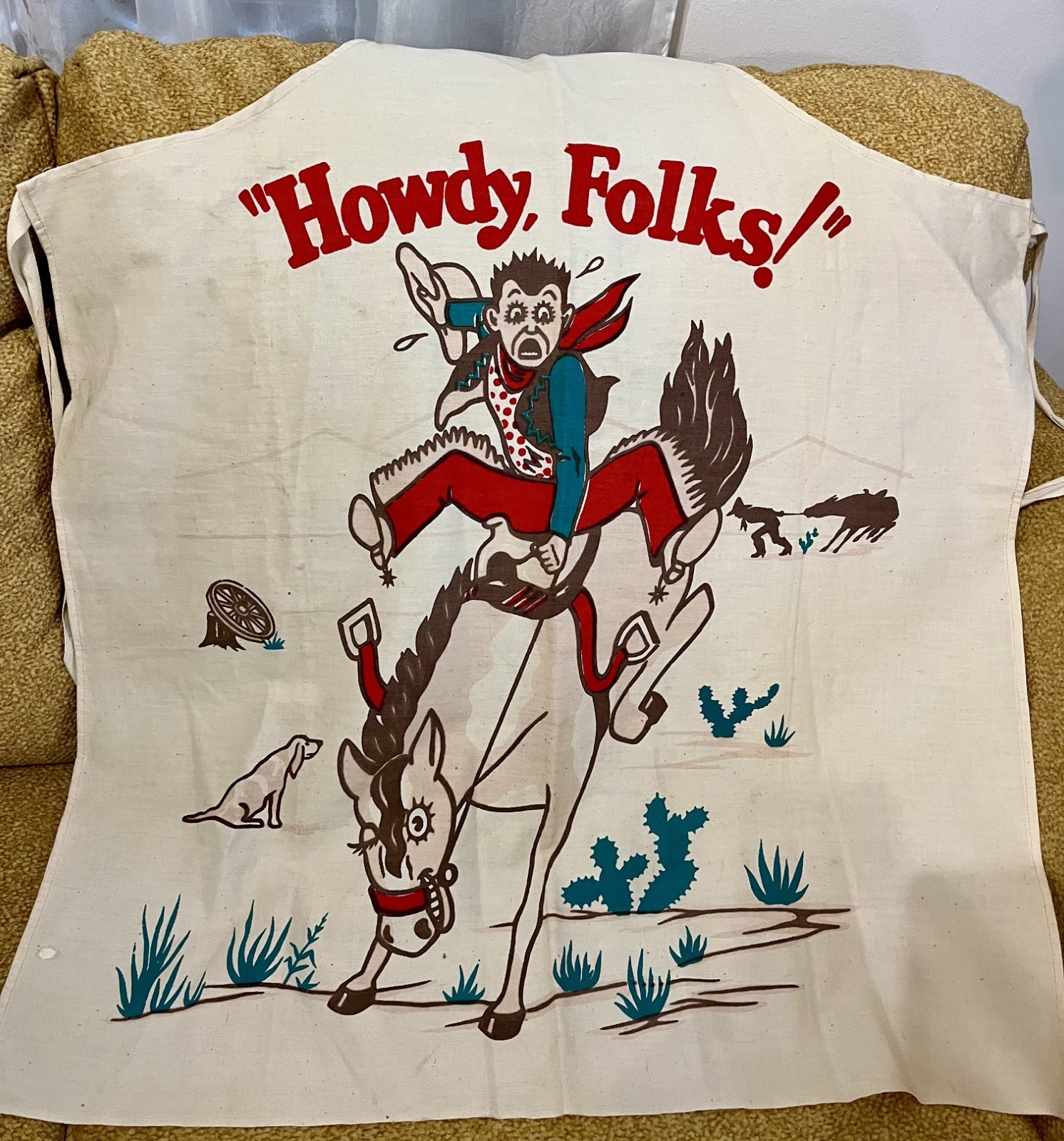 Vintage Cowboy Screen Print Bucking Horse Western Howdy Folks BBQ Chef Apron NOS