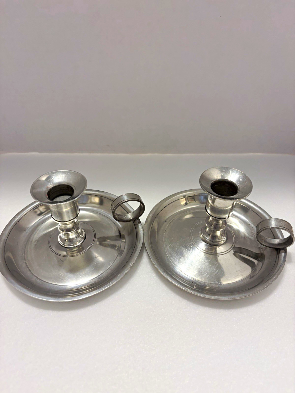 Pair of Vintage Stieff Pewter Colonial Williamsburg Chamberstick Candle Holders