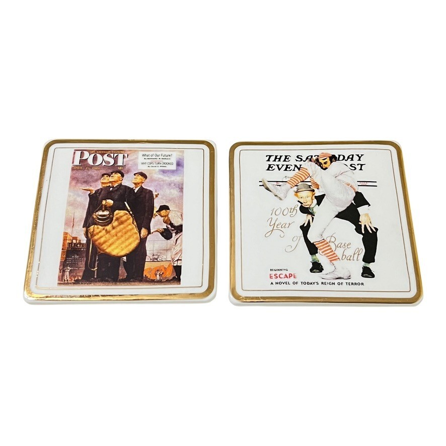 Norman Rockwell Saturday Evening Post Drink Coasters Baseball Theme Lot of 2