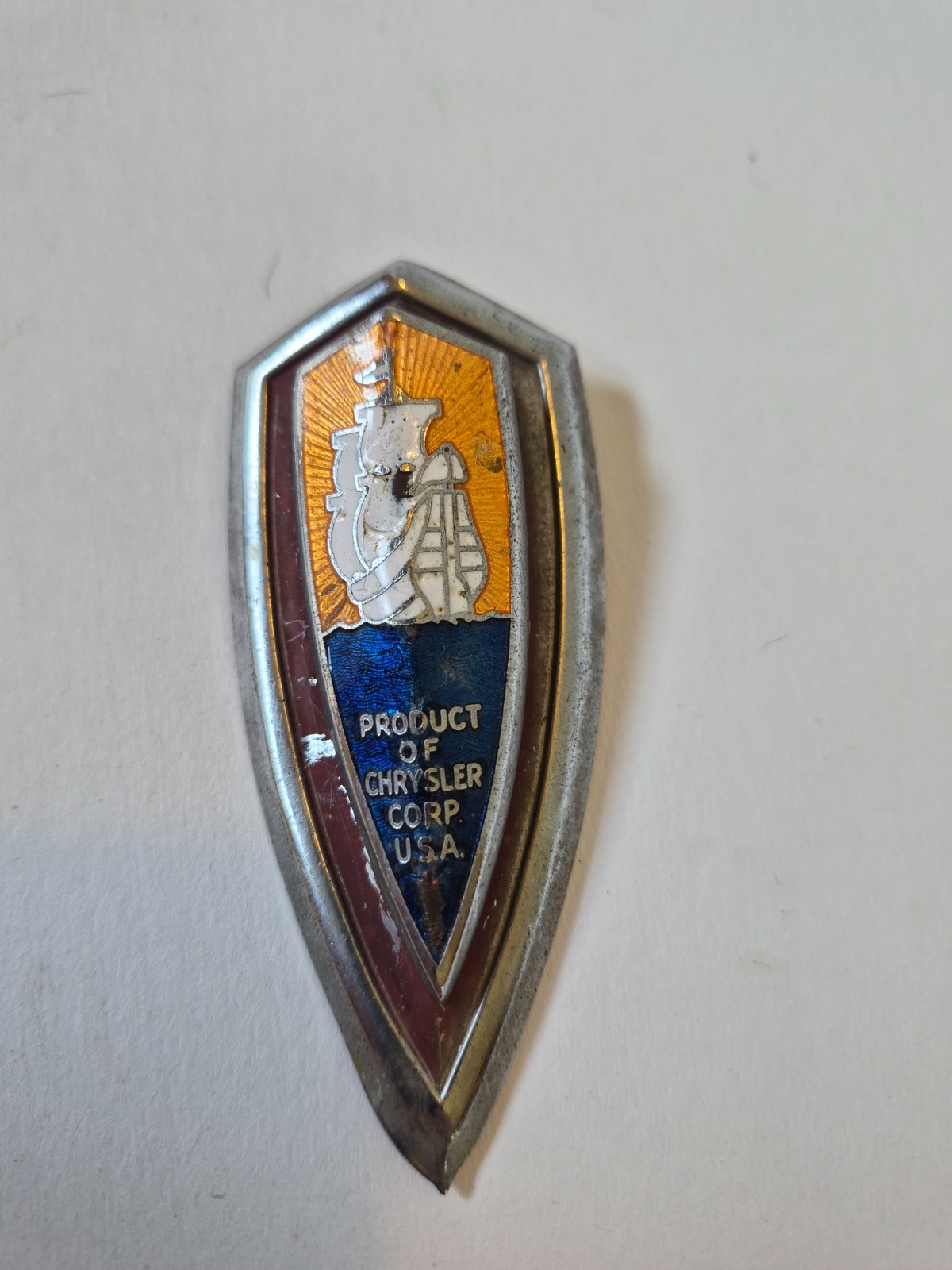 AS47 Plymouth Hood Nose Emblem Vintage Enamel 1941 PRODUCT OF CHRYSLER P12 P125 AS47 Plymouth Hood Nose Emblem Vintage Enamel 1941 PRODUCT OF CHRYSLER P12 P125