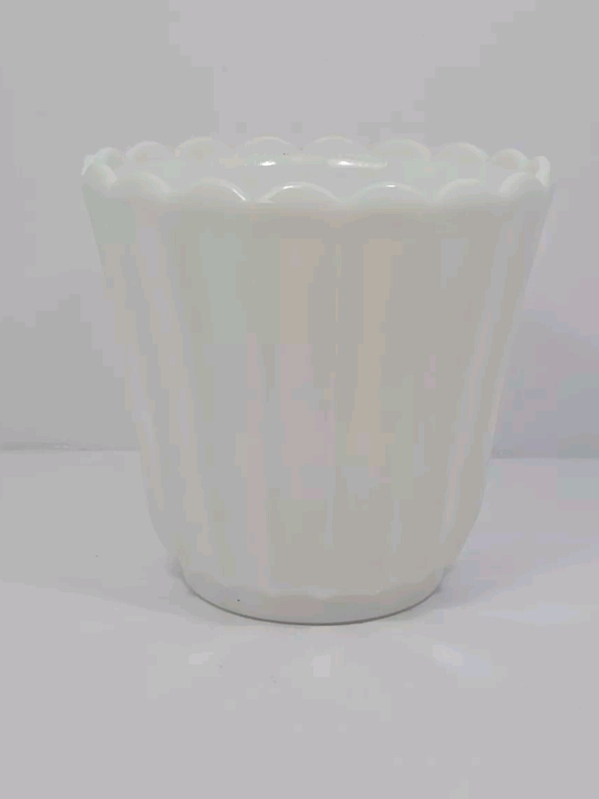 Vintage MCM Milk Glass Flower Pot/Vase-Scalloped Rim Sturdy And Ridged Appr. 5