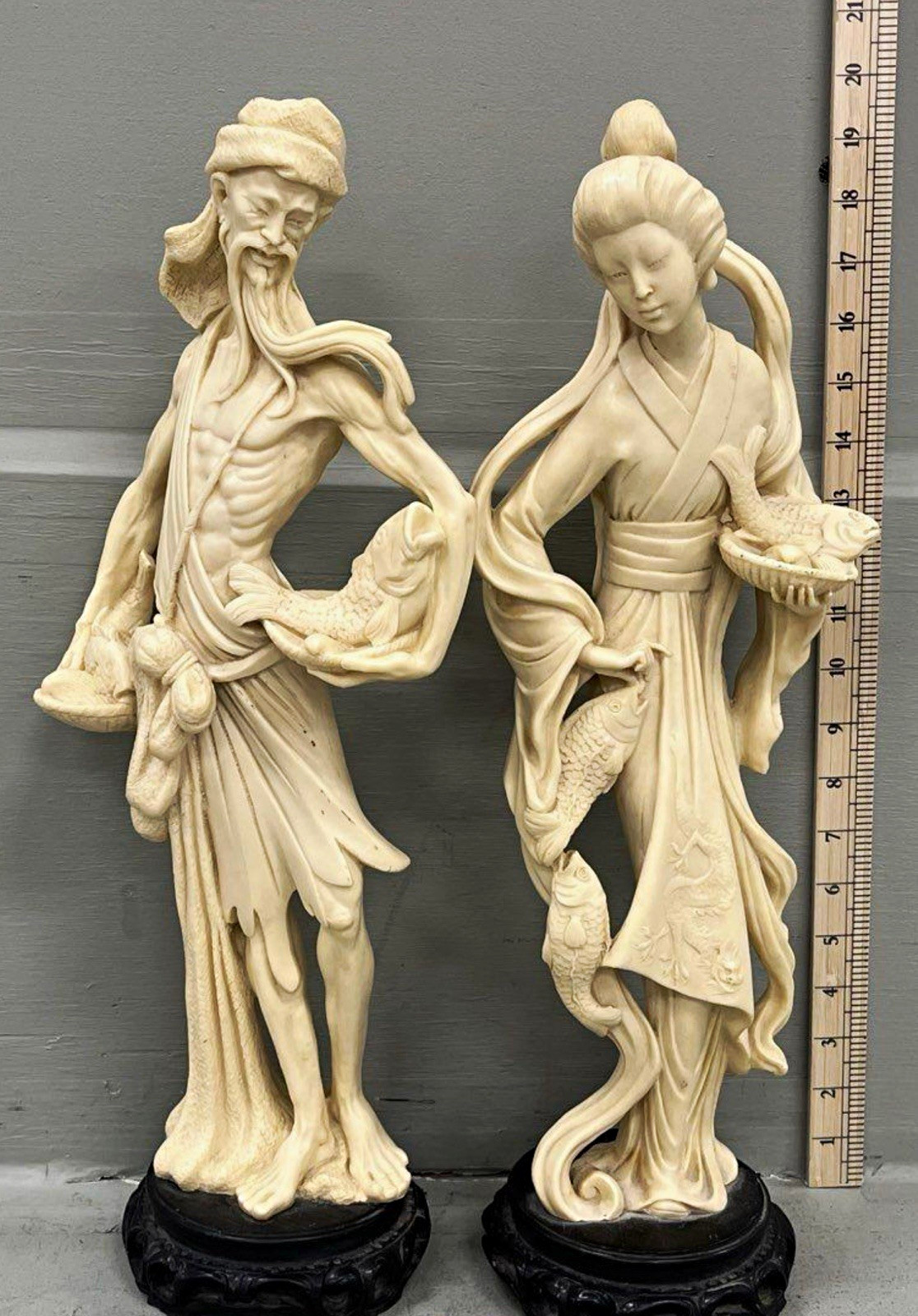 Chinese vintage intricately carved ,heavy & tall Figurines Pair 18in Ivory Tone