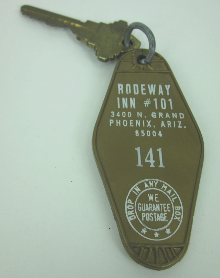 vintage RODEWAY MOTOR HOTEL motel KEY fob tag ROOM 141 Phoenix Arizona Grand Ave