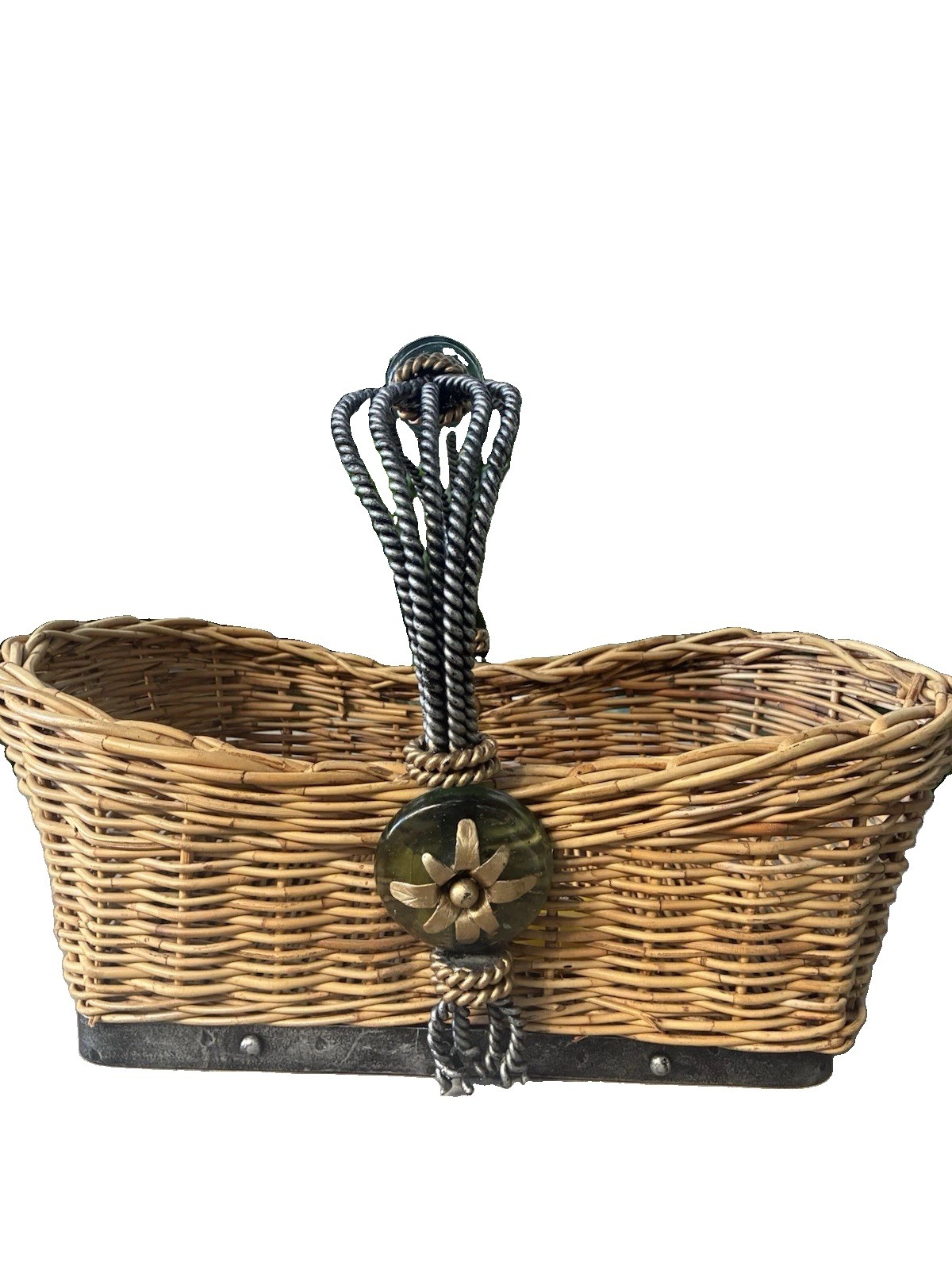 Vintage Maitland Smith Wicker Reed, Wrought Iron, Glass & Brass Flower Basket