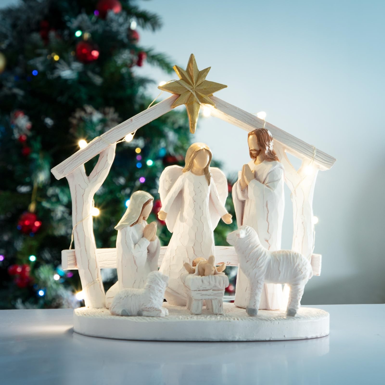 ZTL Nativity Scene Figurine with Lights, The Birth of Jesus Holy Family Manger S