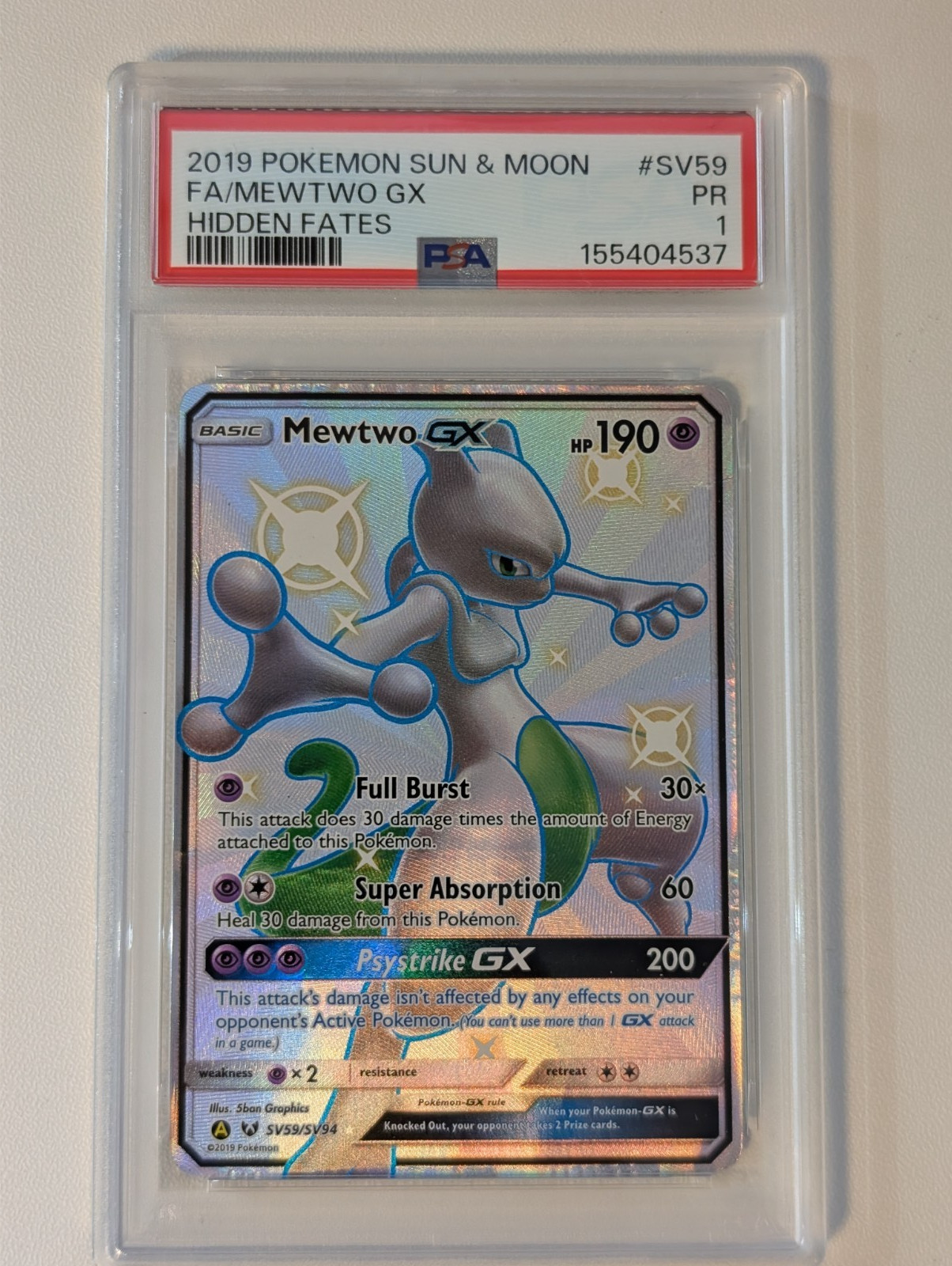 2019 Pokemon Sun Moon SM Hidden Fates PSA 1 Mewtwo GX #SV59 Shiny FA Holo  FRESH