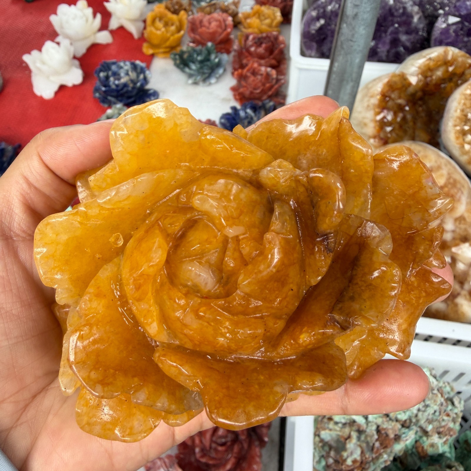 1pc Natural Fire Quartz hand-Carved flower Crystal Reiki healing gift