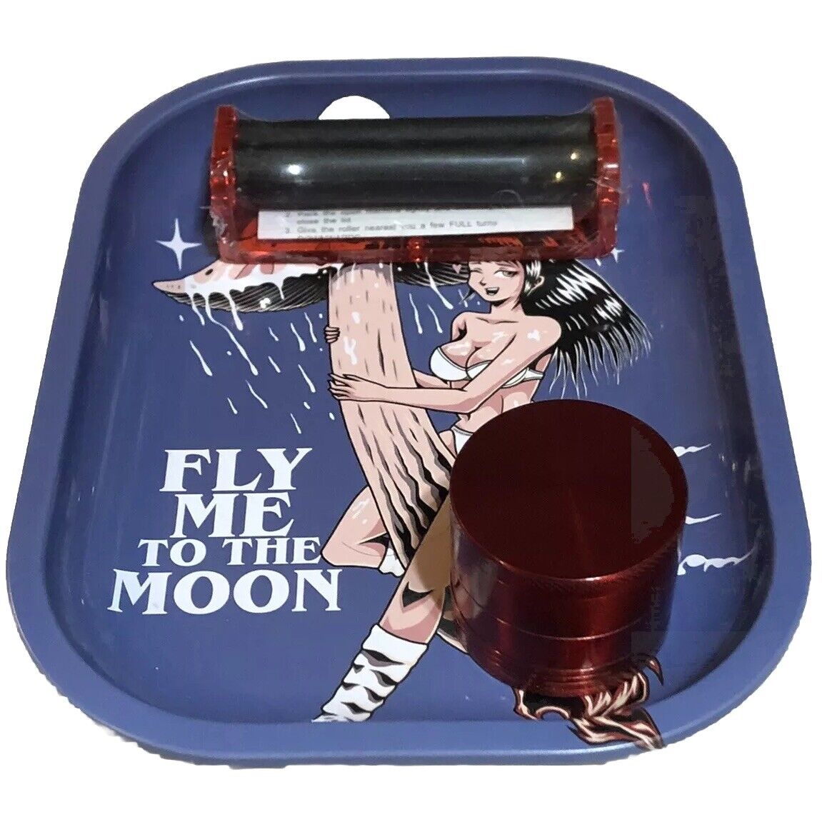 Metal Rolling Tray - Fly Me To The Moon Tobacco grinder, with cigarette roller￼