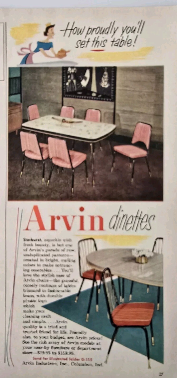  1955 Arvin dining room table chairs dinettes mid century furniture vintage ad