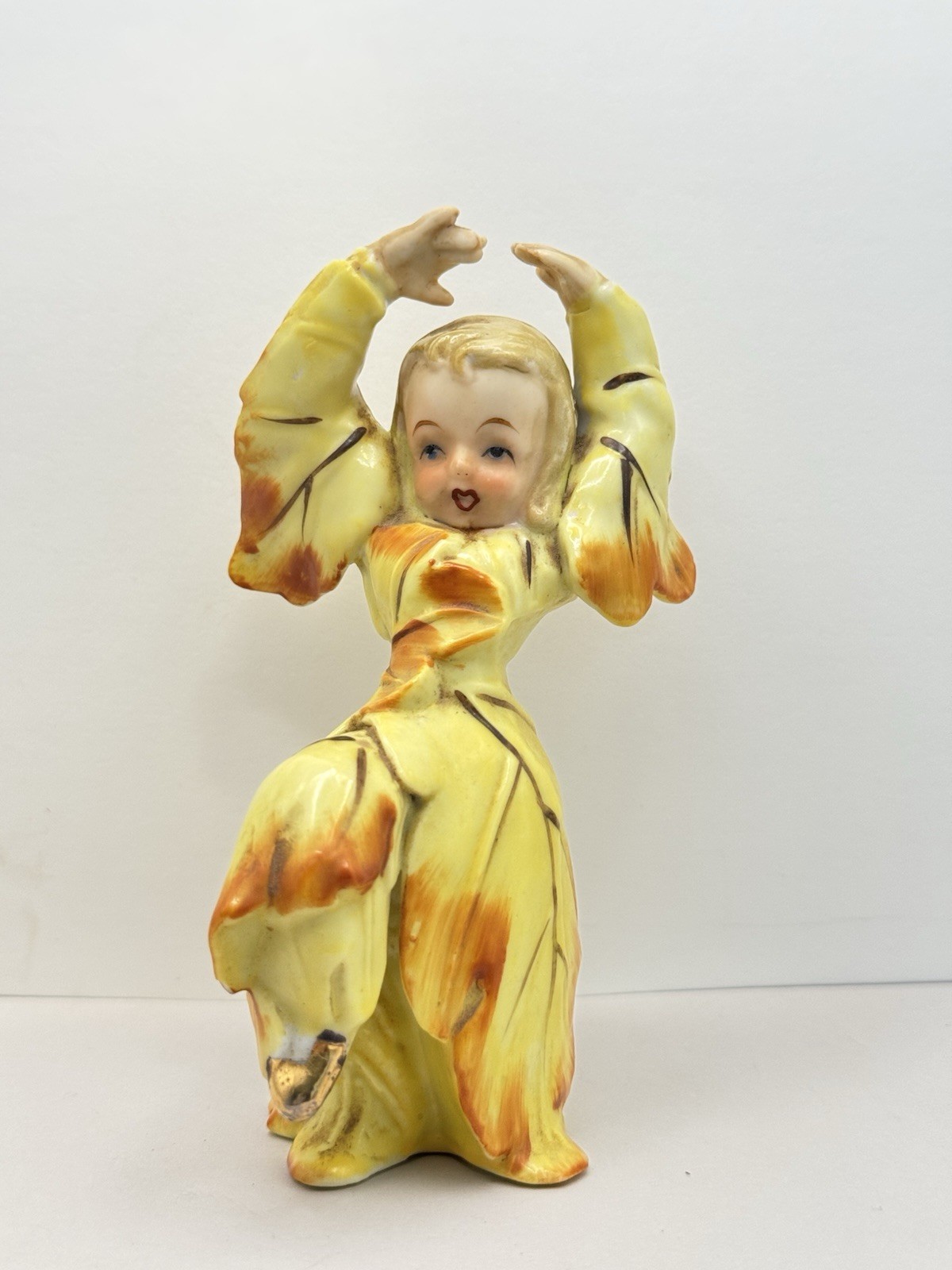 Vintage Acme China Japan Yellow Leaf  Fairy Dancer Pixie Figurine MCM 5”