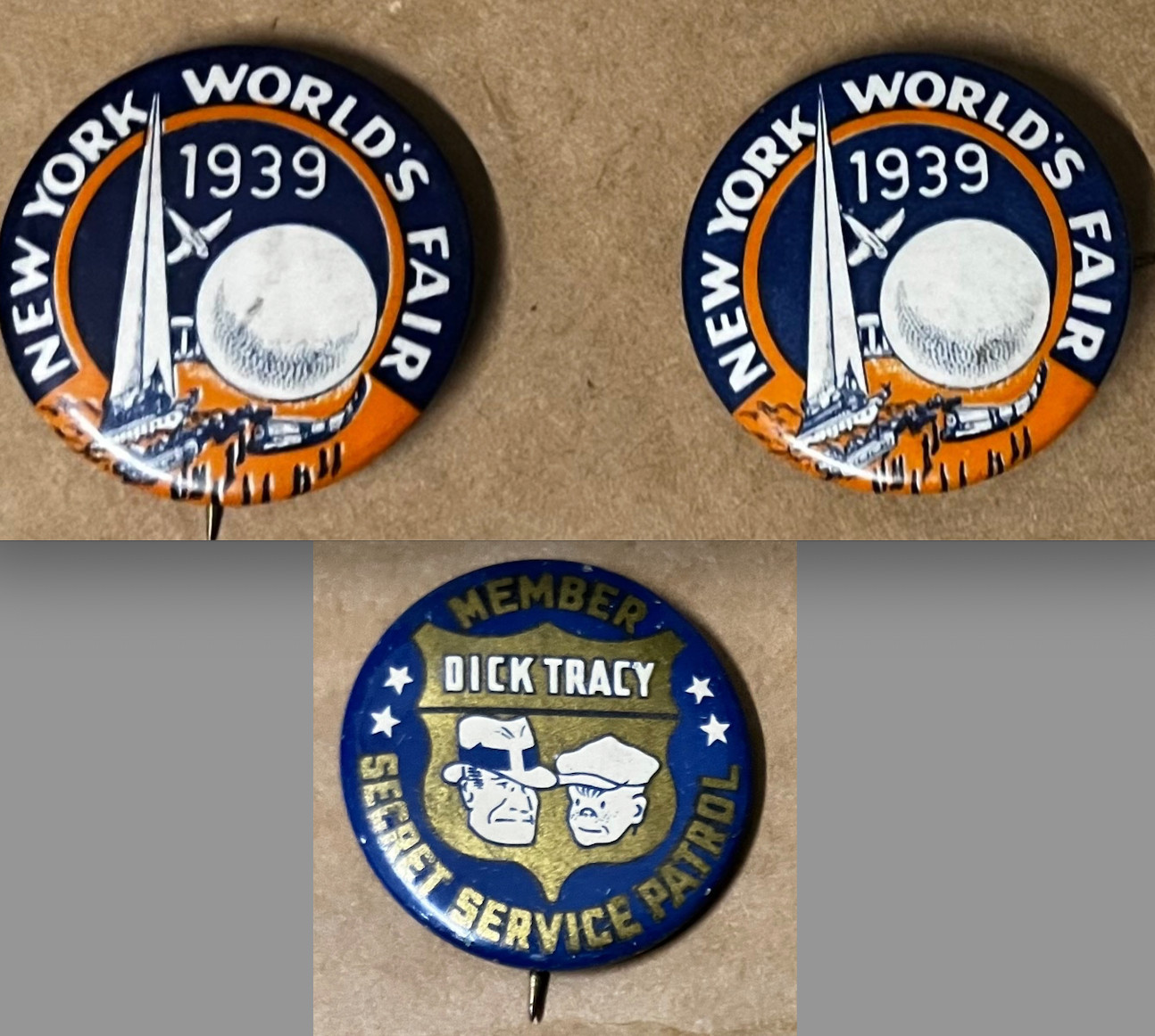 LOT-3 New York World\'s Fair  1939 & DICK TRACY Secret Service Patrol Member PIN