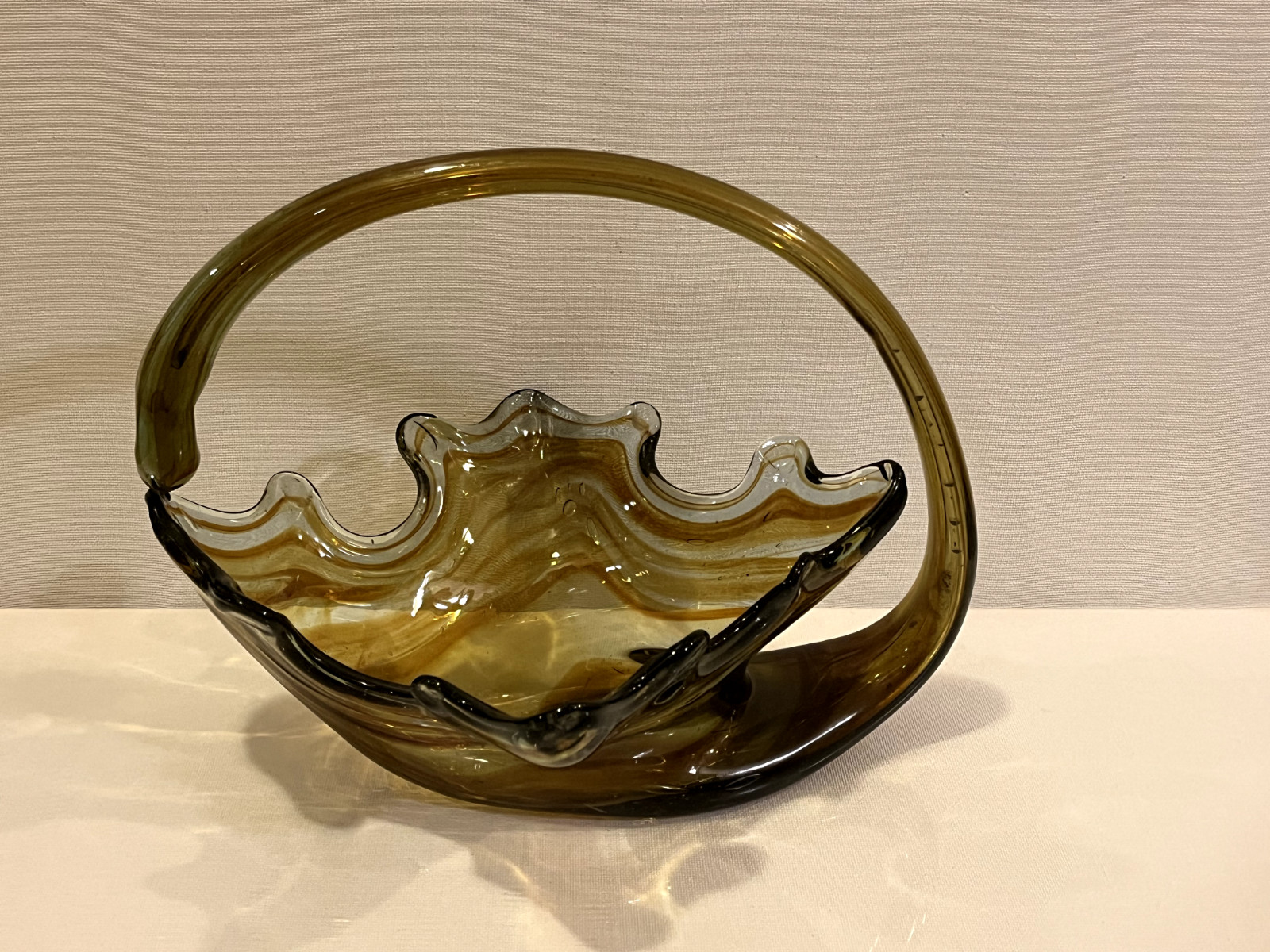 Vintage Rare Murano Style MCM Amber Olive Green Art Glass Basket With Handle